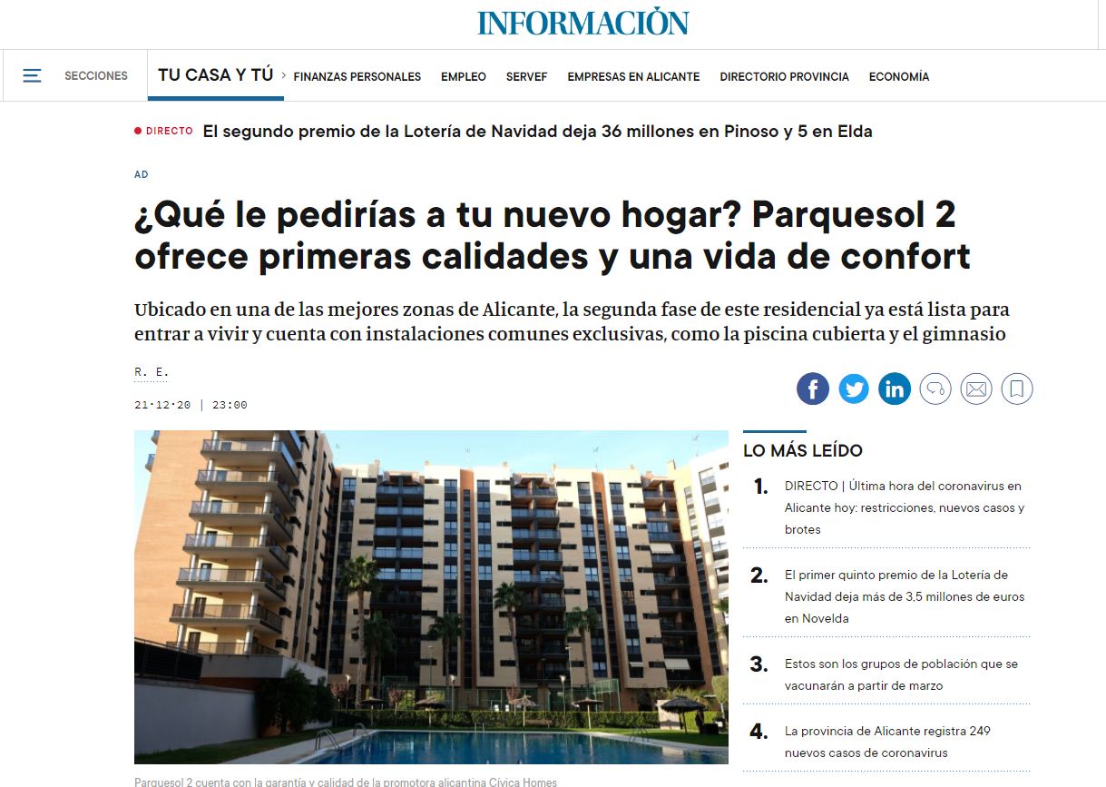 El diario Información publica un reportaje sobre Parquesol 2: primeras calidades y confort
