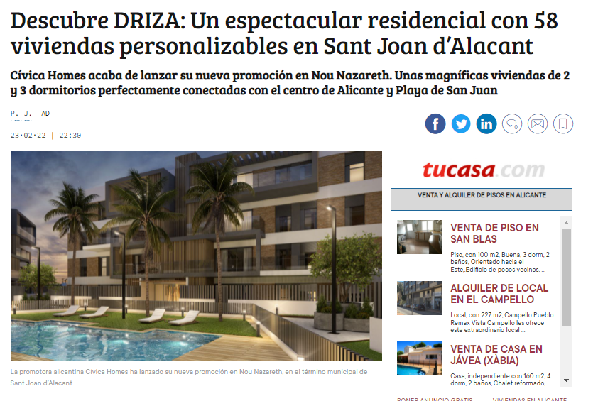 Reportaje en el diario Información sobre Driza: un espectacular residencial en Sant Joan d’Alacant